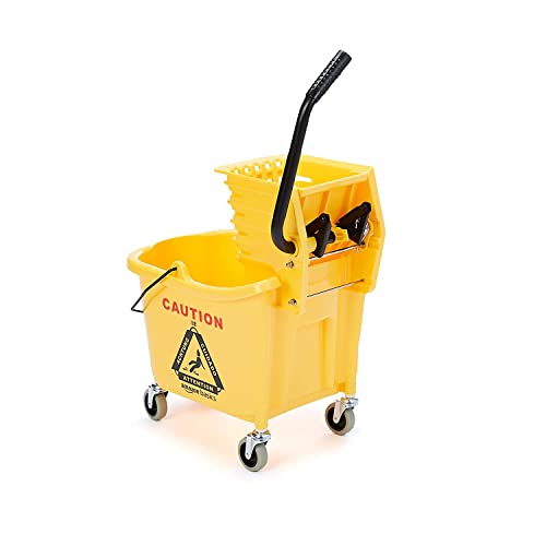 Amazon Basics Commercial Side Press Wringer Floor Cleaning Mop Bucket on Wheels, 35-Quart, Yellow view 2