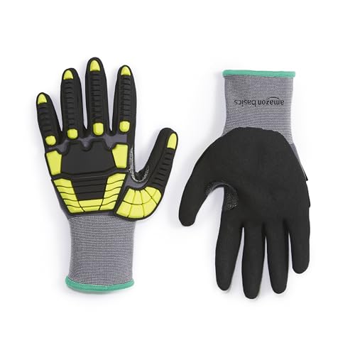 Amazon Basics Cut Level A1, Abrasion ANSI Level A4, Impact Protection Gloves with Touch Screen Friendly 15G Sandy Nitrile Palm, Pack of 120 Pairs, Yellow, Size Medium
