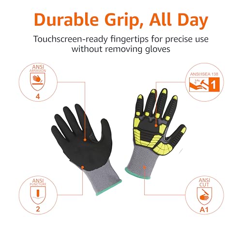 Amazon Basics Cut Level A1, Abrasion ANSI Level A4, Impact Protection Gloves with Touch Screen Friendly 15G Sandy Nitrile Palm, Pack of 120 Pairs, Yellow, Size Medium