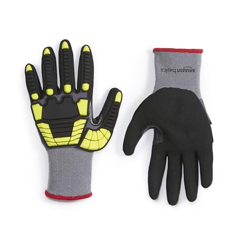 Amazon Basics Cut Level A1, Abrasion ANSI Level A4, Impact Protection Gloves with Touch Screen Friendly 15G Sandy Nitrile Palm, Pack of 120 Pairs, Yellow, Size Small