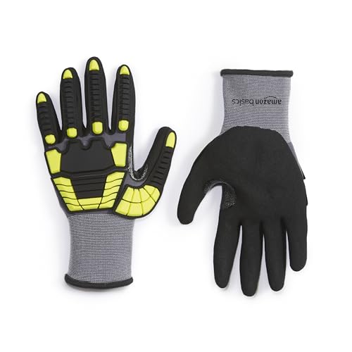 Amazon Basics Cut Level A1, Abrasion ANSI Level A4, Impact Protection Gloves with Touch Screen Friendly 15G Sandy Nitrile Palm, Pack of 120 Pairs, Yellow, Size XX-Large