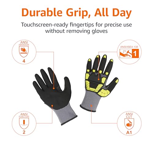 Amazon Basics Cut Level A1, Abrasion ANSI Level A4, Impact Protection Gloves with Touch Screen Friendly 15G Sandy Nitrile Palm, Pack of 120 Pairs, Yellow, Size XX-Large
