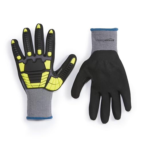 Amazon Basics Cut Level A1, Abrasion ANSI Level A4, Impact Protection Gloves with Touch Screen Friendly 15G Sandy Nitrile Palm, Pack of 120 Pairs, Yellow, Size X-Large