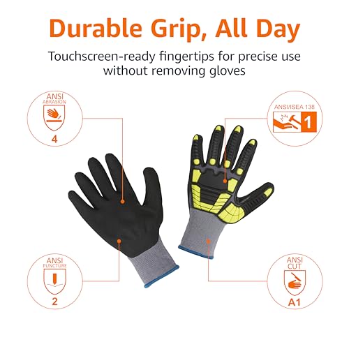Amazon Basics Cut Level A1, Abrasion ANSI Level A4, Impact Protection Gloves with Touch Screen Friendly 15G Sandy Nitrile Palm, Pack of 120 Pairs, Yellow, Size X-Large