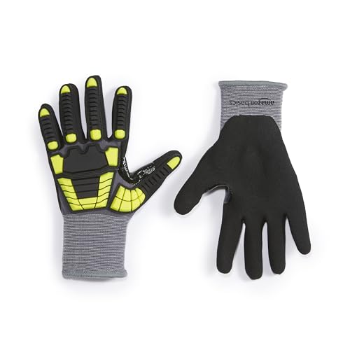 Amazon Basics Cut Level A1, Abrasion ANSI Level A4, Impact Protection Gloves with Touch Screen Friendly 15G Sandy Nitrile Palm, Pack of 120 Pairs, Yellow, Size XXXS