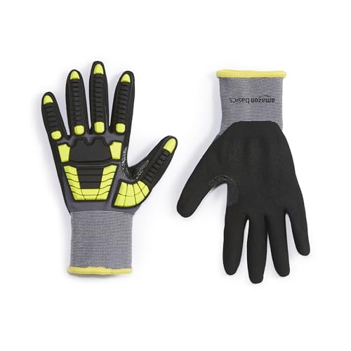 Amazon Basics Cut Level A1, Abrasion ANSI Level A4, Impact Protection Gloves with Touch Screen Friendly 15G Sandy Nitrile Palm, Pack of 120 Pairs, Yellow, Size X-Small