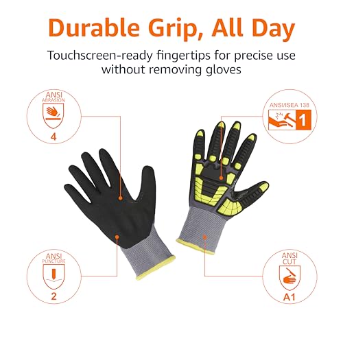 Amazon Basics Cut Level A1, Abrasion ANSI Level A4, Impact Protection Gloves with Touch Screen Friendly 15G Sandy Nitrile Palm, Pack of 120 Pairs, Yellow, Size X-Small