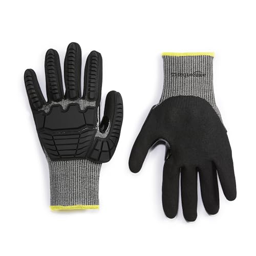 Amazon Basics Cut Level A2, Abrasion ANSI Level A4, Impact Protection Gloves with Touch Screen Friendly 15G Sandy Nitrile Palm, Pack of 100 Pairs, Black, Size Small