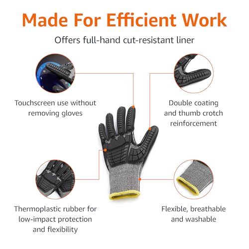 Amazon Basics Cut Level A2, Abrasion ANSI Level A4, Impact Protection Gloves with Touch Screen Friendly 15G Sandy Nitrile Palm, Pack of 100 Pairs, Black, Size Small