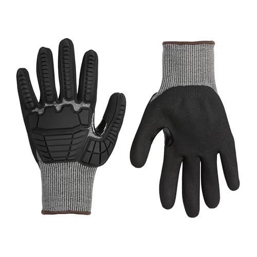 Amazon Basics Cut Level A2, Abrasion ANSI Level A4, Impact Protection Gloves with Touch Screen Friendly 15G Sandy Nitrile Palm, Pack of 100 Pairs, Black, Size X-Large