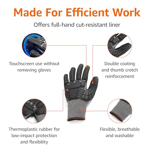 Amazon Basics Cut Level A2, Abrasion ANSI Level A4, Impact Protection Gloves with Touch Screen Friendly 15G Sandy Nitrile Palm, Pack of 100 Pairs, Black, Size X-Large