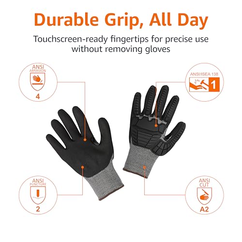 Amazon Basics Cut Level A2, Abrasion ANSI Level A4, Impact Protection Gloves with Touch Screen Friendly 15G Sandy Nitrile Palm, Pack of 100 Pairs, Black, Size X-Large