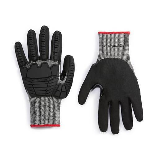 Amazon Basics Cut Level A2, Abrasion ANSI Level A4, Impact Protection Gloves with Touch Screen Friendly 15G Sandy Nitrile Palm, Pack of 100 Pairs, Black, Size XX-Small