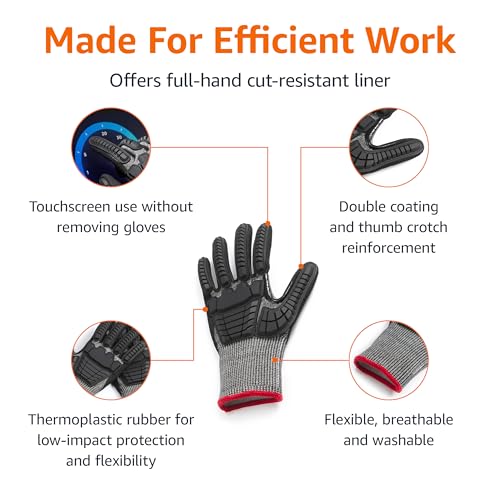 Amazon Basics Cut Level A2, Abrasion ANSI Level A4, Impact Protection Gloves with Touch Screen Friendly 15G Sandy Nitrile Palm, Pack of 100 Pairs, Black, Size XX-Small