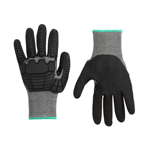 Amazon Basics Cut Level A2, Abrasion ANSI Level A4, Impact Protection Gloves with Touch Screen Friendly 15G Sandy Nitrile Palm, Pack of 100 Pairs, Black, Size Large
