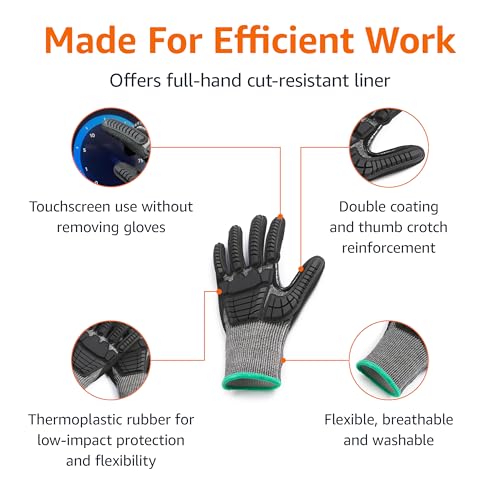 Amazon Basics Cut Level A2, Abrasion ANSI Level A4, Impact Protection Gloves with Touch Screen Friendly 15G Sandy Nitrile Palm, Pack of 100 Pairs, Black, Size Large