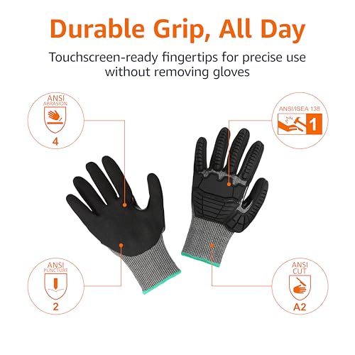 Amazon Basics Cut Level A2, Abrasion ANSI Level A4, Impact Protection Gloves with Touch Screen Friendly 15G Sandy Nitrile Palm, Pack of 100 Pairs, Black, Size Large