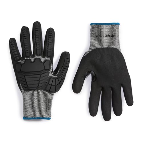 Amazon Basics Cut Level A2, Abrasion ANSI Level A4, Impact Protection Gloves with Touch Screen Friendly 15G Sandy Nitrile Palm, Pack of 100 Pairs, Black, Size Medium