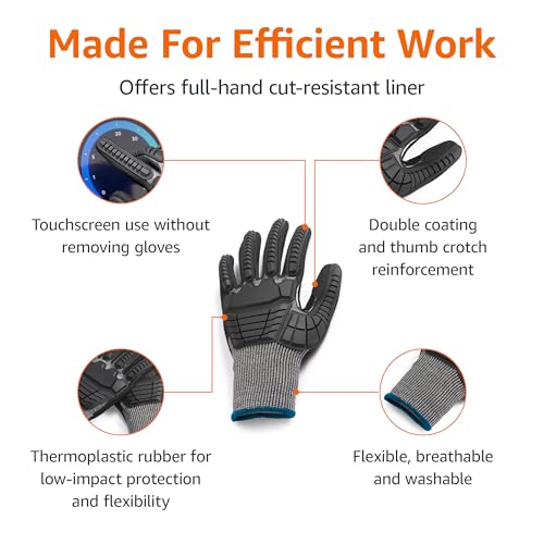 Amazon Basics Cut Level A2, Abrasion ANSI Level A4, Impact Protection Gloves with Touch Screen Friendly 15G Sandy Nitrile Palm, Pack of 100 Pairs, Black, Size Medium