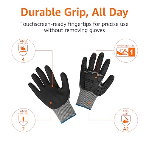 Amazon Basics Cut Level A2, Abrasion ANSI Level A4, Impact Protection Gloves with Touch Screen Friendly 15G Sandy Nitrile Palm, Pack of 100 Pairs, Black, Size Medium