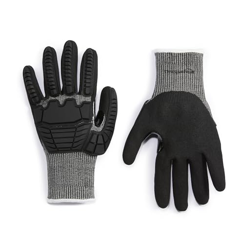 Amazon Basics Cut Level A2, Abrasion ANSI Level A4, Impact Protection Gloves with Touch Screen Friendly 15G Sandy Nitrile Palm, Pack of 100 Pairs, Black, Size X-Small