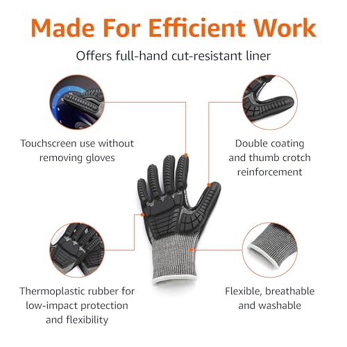 Amazon Basics Cut Level A2, Abrasion ANSI Level A4, Impact Protection Gloves with Touch Screen Friendly 15G Sandy Nitrile Palm, Pack of 100 Pairs, Black, Size X-Small