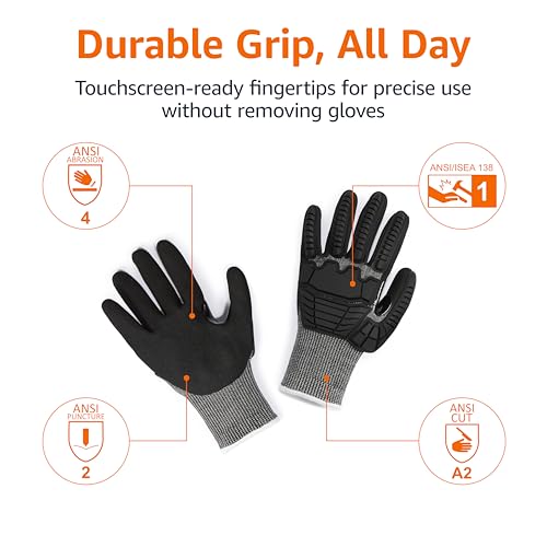 Amazon Basics Cut Level A2, Abrasion ANSI Level A4, Impact Protection Gloves with Touch Screen Friendly 15G Sandy Nitrile Palm, Pack of 100 Pairs, Black, Size X-Small