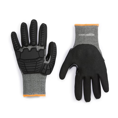 Amazon Basics Cut Level A2, Abrasion ANSI Level A4, Impact Protection Gloves with Touch Screen Friendly 15G Sandy Nitrile Palm, Pack of 100 Pairs, Black, Size XXXS