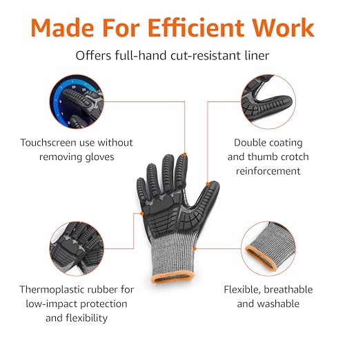 Amazon Basics Cut Level A2, Abrasion ANSI Level A4, Impact Protection Gloves with Touch Screen Friendly 15G Sandy Nitrile Palm, Pack of 100 Pairs, Black, Size XXXS