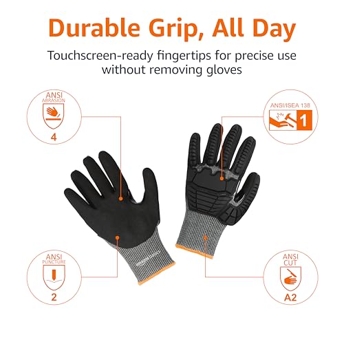 Amazon Basics Cut Level A2, Abrasion ANSI Level A4, Impact Protection Gloves with Touch Screen Friendly 15G Sandy Nitrile Palm, Pack of 100 Pairs, Black, Size XXXS