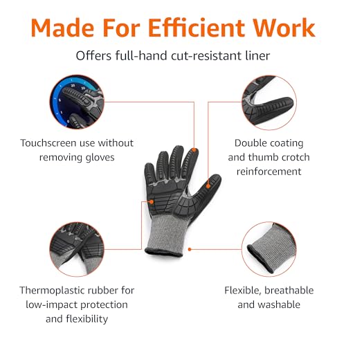 Amazon Basics Cut Level A2, Abrasion ANSI Level A4, Impact Protection Gloves with Touch Screen Friendly 15G Sandy Nitrile Palm, Pack of 100 Pairs, Black, Size XX-Large