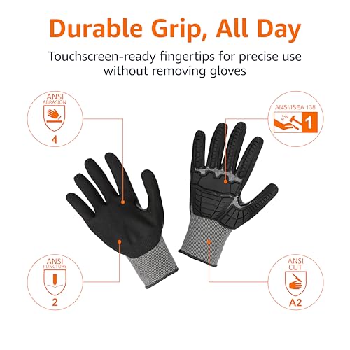 Amazon Basics Cut Level A2, Abrasion ANSI Level A4, Impact Protection Gloves with Touch Screen Friendly 15G Sandy Nitrile Palm, Pack of 100 Pairs, Black, Size XX-Large