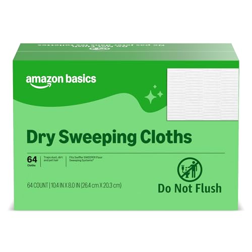 Amazon Basics Dry Sweeping Cloths for Floor Cleaning, Pet Hair, Dust, Dirt, Multi-Surface, Disposable, Fits Swiffer Sweeper Mop Heads, 64 Count, Packaging May Vary