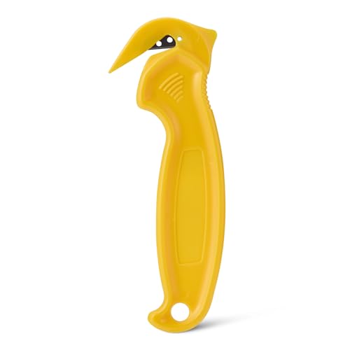 Amazon Basics Film Safety Cutter, Concealed Stainless Steel Blade with Tape Splitter for Boxes, Packages, Shrink Wrap, Compact Size, Yellow, 1-Pack