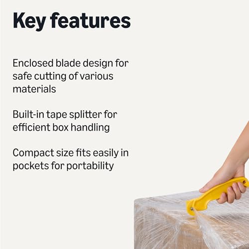 Amazon Basics Film Safety Cutter, Concealed Stainless Steel Blade with Tape Splitter for Boxes, Packages, Shrink Wrap, Compact Size, Yellow, 1-Pack view 2