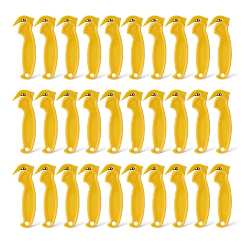 Amazon Basics Film Safety Cutter, Concealed Stainless Steel Blade with Tape Splitter for Boxes, Packages, Shrink Wrap, Yellow, 30-Pack