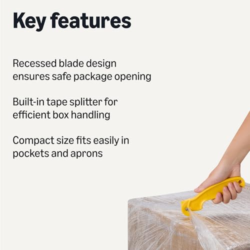 Amazon Basics Film Safety Cutter, Concealed Stainless Steel Blade with Tape Splitter for Boxes, Packages, Shrink Wrap, Yellow, 30-Pack view 2