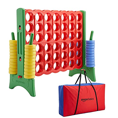 Amazon basics Giant BPA-Free 4-In-A-Row Premium Plastic Game Set with Carrying Bag, Great for Gifting, Blue, Yellow, Red, Green
