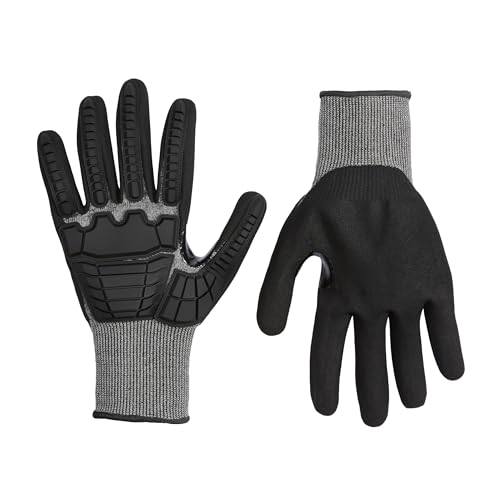 Amazon Basics Impact Protection Work Gloves - Cut Level A2, ANSI Level 4 Abrasion, Touchscreen Compatible, 15G Sandy Nitrile Palm, XX-Large, Black with Black Edge