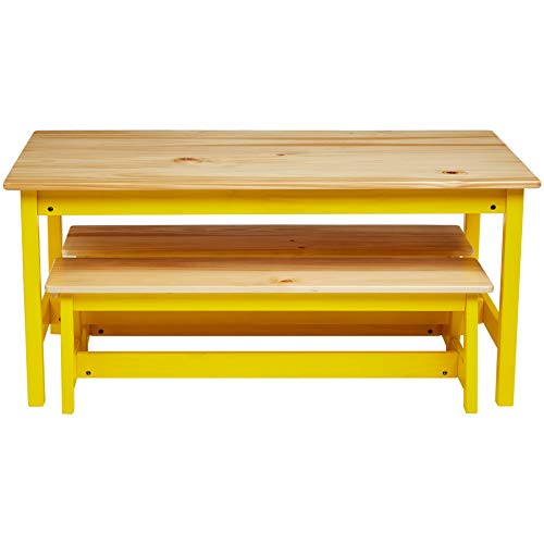 Amazon Basics Indoor Kids Table and Bench Set, Natural, solid pine wood, 3 Count (Pack of 1), Wood Activity Table for Art, Craft, Reading, Learning