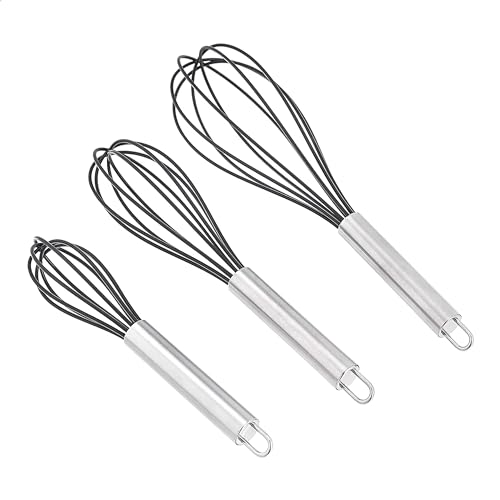 Amazon Basics Stainless Steel and Silicone Non-Stick Coated Whisk Set, 8", 10", and 12", Pack of 3, Black (Previously AmazonCommercial brand)