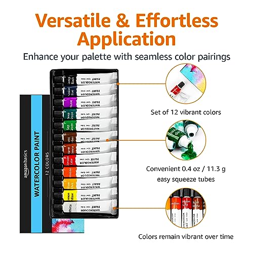 Amazon Basics Watercolor Paint Set Tubes, 12 Colors, Assorted