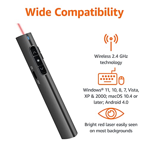 Amazon Basics Wireless Presenter, Red Laser, 2.4GHz, Hyperlink, Lithium Battery Operated