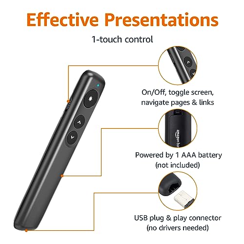 Amazon Basics Wireless Presenter Remote, Presentation Clicker with Red Laser Pointer, PowerPoint Clicker, Slide Advancer, 2.4GHz, Plug & Play, Battery Operated, Hyperlink view 2