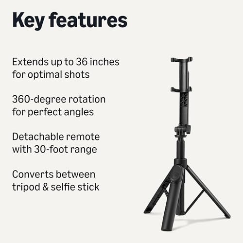 Amazon Basics 36" Portable Selfie Stick Mini Tripod for Phone with Detachable Remote, 360-Degree Rotation, 30-Foot Range, Compatible with iPhone, Samsung, and More, Black view 2