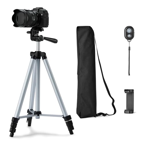 Amazon Basics 50" Lightweight Tripod for Camera and Phone with Travel Bag, Remote Control, Height Adjustable, 360-Degree Rotation, Aluminum, Silver