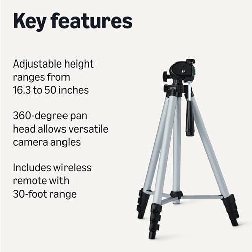 Amazon Basics 50" Lightweight Tripod for Camera and Phone with Travel Bag, Remote Control, Height Adjustable, 360-Degree Rotation, Aluminum, Silver view 2