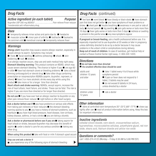 Amazon Basic Care Ibuprofen Tablets, Fever Reducer and Pain Relief from Body Aches, Headache, Arthritis and More, 1000 Count (Packaging may vary)