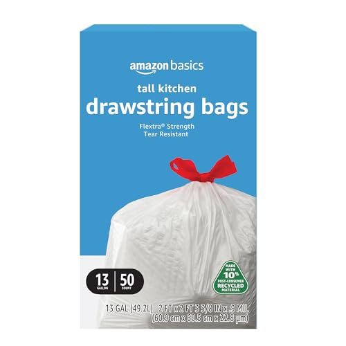 Amazon Basics 13 Gallon Flextra Strength Tall Kitchen Drawstring Trash Bags, Tear Resistant, 10% Post Consumer Recycled, 50 Count