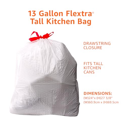 Amazon Basics 13 Gallon Flextra Strength Tall Kitchen Drawstring Trash Bags, Tear Resistant, 10% Post Consumer Recycled, 50 Count